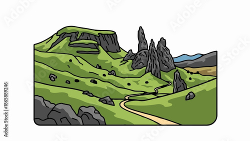 Rolling green hills with sharp rock formations and a winding path, leading to distant mountains