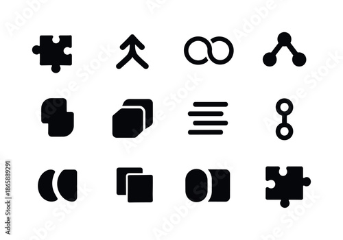 Icon Combination Grid. Combination. Solid icon set of combination: puzzle pieces, merge arrows, linked circles, joint node, hybrid shape, layered squares,