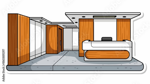 Modern reception area with wooden accents and sleek white counter