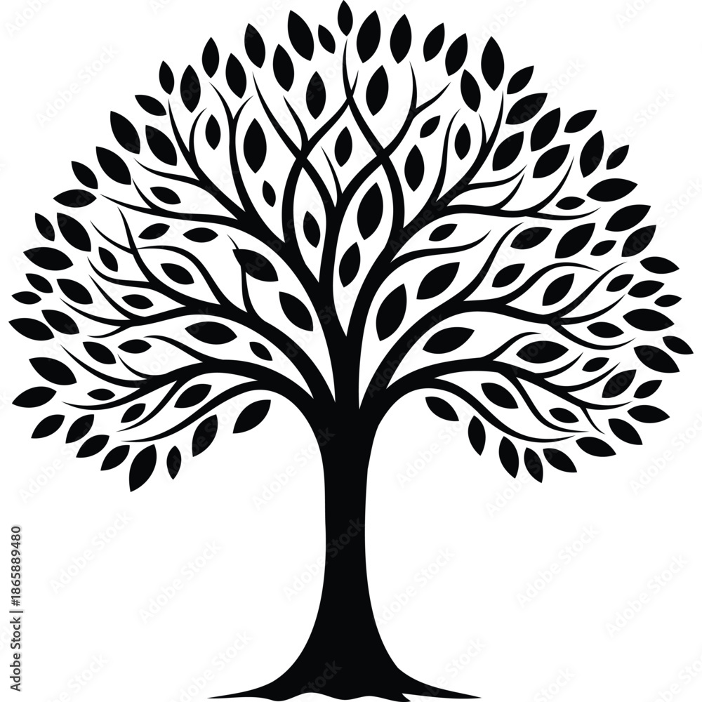 Obraz premium Black and White Illustration of Stylized Tree Silhouette with Intricate Branches and Leaves for Design Projects