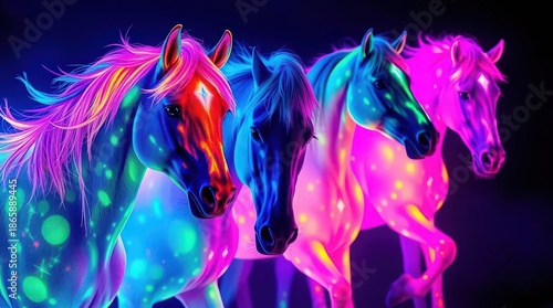 Vibrant horses in neon colors running together in unison
