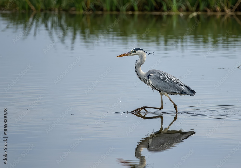 Obraz premium A magnificent grey heron wading through shallow water, hunting fish in a tranquil wetland environment under clear skies ,heron ,standing ,feeding