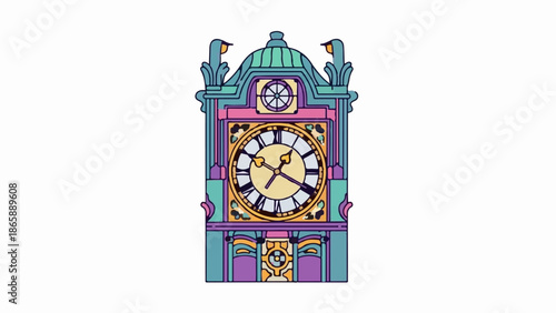 Ornate, colorful clock tower with Roman numerals and decorative accents