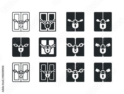 Business Closure Icons. Company going out of business. Icon set. Set Logo of Company going out of business: chained entrance. harmonious logo variations of the