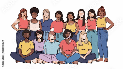 Diverse group of women with varied skin tones and hair, united