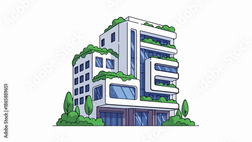 Modern, multi-story structure with a white facade and abundant green, leafy vegetation