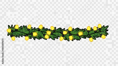 Green festive garland with glowing yellow lights on a transparent background
