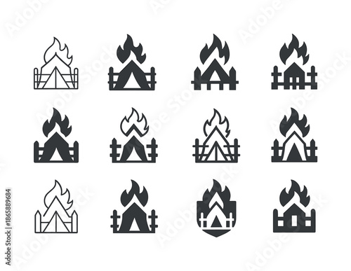 Enemy Camp Logos. Enemy camp under attack. Icon set. Set Logo of enemy camp under attack: guarded camp outline. harmonious logo variations of the