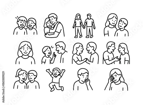 Family Line Icons. Candid family moments. Line icon set of Candid family moments: laughing kids, parents hugging, walking hand in hand, spontaneous smile,