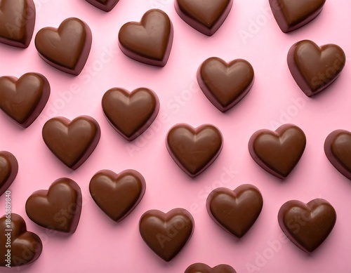 Many milk chocolate heart candies arrayed on a flat bright pink background, flat lay