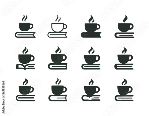 Coffee and Book Logos. coffee and book. Icon set. Set Logo of coffee and book: stacked books. harmonious logo variations of the same emblematic concept, each