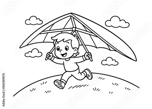 Hang Gliding Adventure. Taking off for hang gliding children?s coloring book illustration, outlined drawing, child running with a cartoon hang glider on a