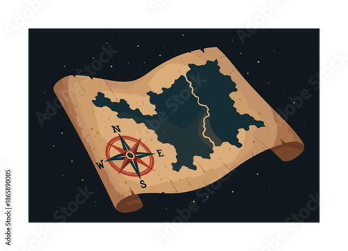 Ancient Parchment Map. Old Map. Ancient parchment unfolding with drifting dust motes; soft glow tracing faded coastlines. Compass rose shimmering in gentle