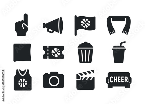 Basketball Fan Icons. Basketball fan items. Solid icon set of basketball fan items: foam finger, megaphone, flag, team scarf, rally towel, ticket, popcorn,