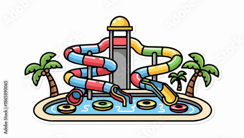 Colorful water slides and palm trees create a vibrant tropical water park scene