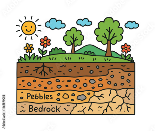 Colorful Earth Layers. Earth Surface. Colorful Hand-drawn doodle Children illustration Earth Surface soil layers, rocks, pebbles, roots, grass, trees, hills,