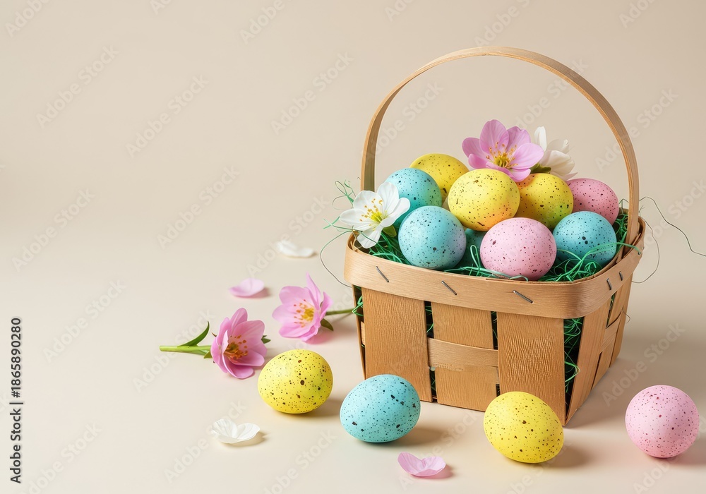 Fototapeta premium A wooden basket filled with brightly colored speckled eggs and pastel spring flowers resting on a light background ready for the seasonal celebration ,festive ,celebration ,invitation