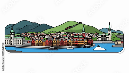 Colorful waterfront buildings and boats before green hills under a clear sky