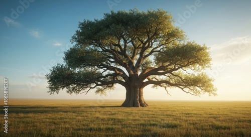 A massive oak tree dominates a field under a bright, cloud-speckled sky