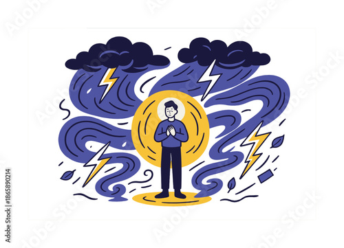 Peace Amidst Chaos. Calm in storm. A lone figure stands centered as swirling winds and lightning rage around them, a soft glow of peace forming a protective