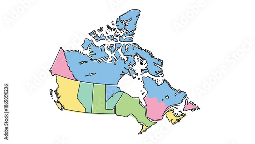 Pastel Colored Political Map of Canada with Provinces and Territories on an isolated white background.