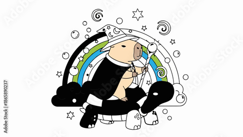 Cute capybara wizard riding a turtle under a rainbow and stars