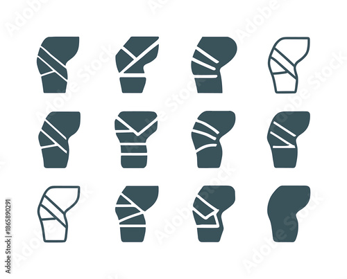 Bandaged Body Icons. Bandaged body. Icon set. Set Logo of Bandaged body: wrapped knee. harmonious logo variations of the same emblematic concept, each with