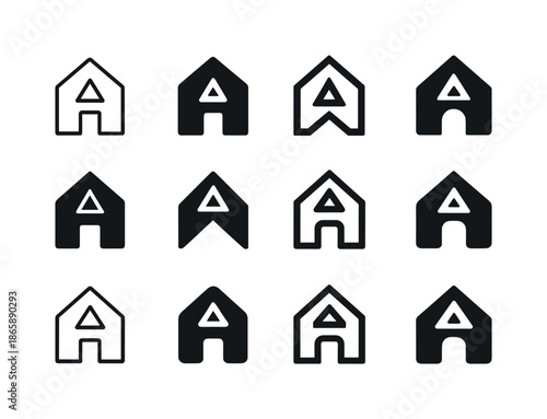 Evacuation Center Logos. Evacuation center. Icon set. Set Logo of evacuation center: shelter building outline. harmonious logo variations of the same
