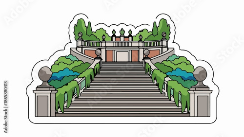 Ornate garden steps lead up to a decorative terrace adorned with statues and lush greenery