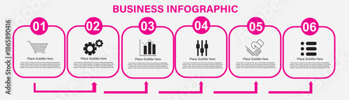 Modern 6-step business infographic element with pink icons for professional timeline and process visualization