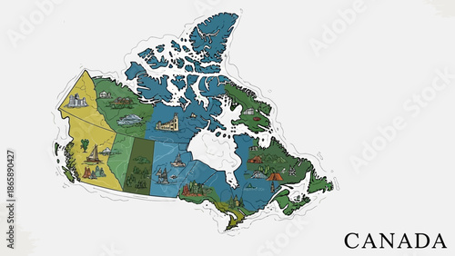 Illustrated Tourist Map of Canada with Regional Landmarks and "CANADA" Text on a Light Grey Background.