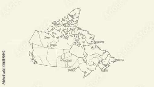 Outline Map of Canada Highlighting Major Cities on a Cream Paper Texture Background.