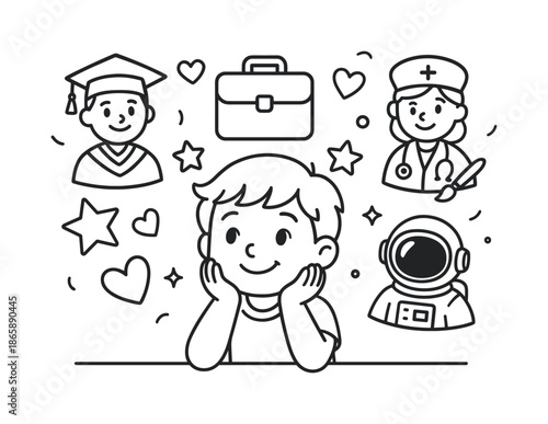 Imaginative Dream Icons. Dreams and aspirations children?s coloring book illustration, outlined drawing, cartoon child imagining future goals with floating