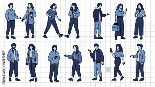 Diverse individuals, mostly young, in casual attire, engaged in various activities