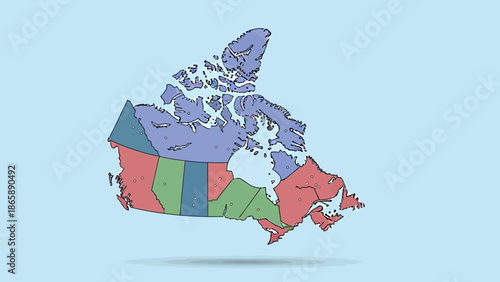 Colorful Political Map of Canada with Provinces and Territories Displayed on a Light Blue Background.