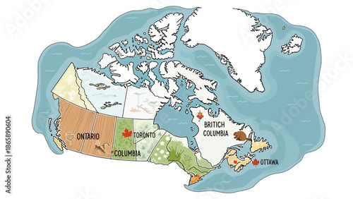 Canada map with provinces featuring natural landscapes and major city labels, illustrated style in bright studio background
