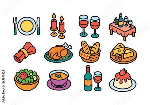 Festive Dining Icons. Festive dining. Colorful isometric vector icons set of festive dining: dinner plate, candles, glasses, decorated table, napkin ring,