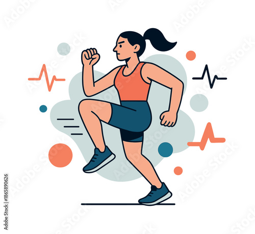 High Knees Drill. High knees drill. A trainer does intense high knees with motion lines marking each lift; abstract pulse icons float near. Modern flat-line