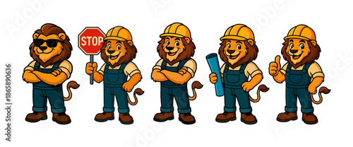 Lion mascots construction with different poses. Separate lion character designs