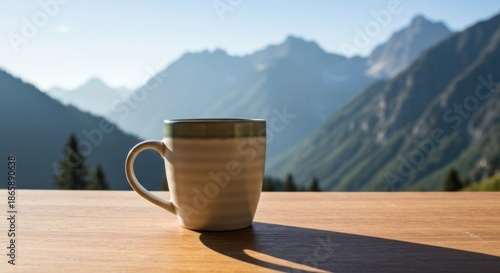 A mug sits on a wood table, facing mountains in the background, bathed in sunlight