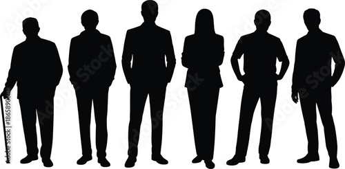 business, people, silhouette, team, group, man, woman, professional, office, worker, corporate, standing, teamwork, leadership, staff, modern, black, vector, people, illustration
