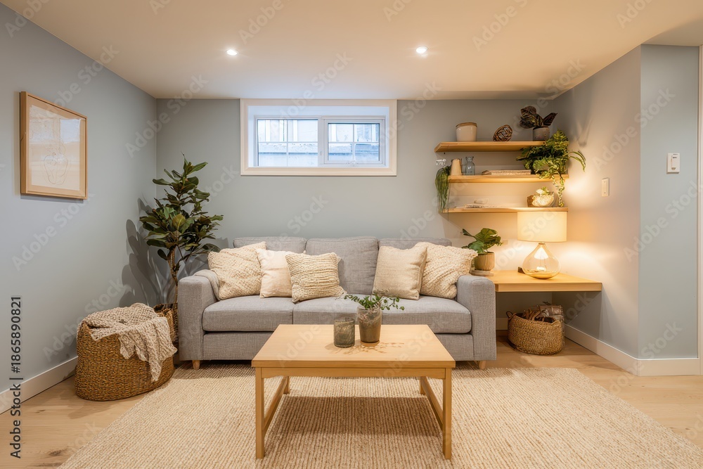 Fototapeta premium Basement interior featuring pale blue walls, modern seating, and soft textures