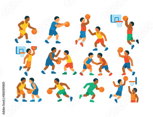 Colorful Basketball Icons. Basketball actions. Colorful flat vector icons set of basketball actions: dribble, pass, shoot, dunk, layup, block, steal, rebound,