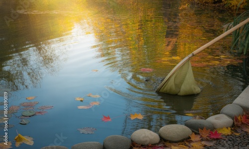 A net skims leaves from a pond in fall, golden light glinting off the water