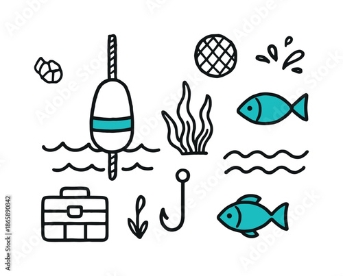 Fishing Buoy Doodles. Fishing Buoy. Hand-drawn doodle illustration Fishing Buoy bobber icon (accented #03b496), net float, rope line (accented #03b496), tackle