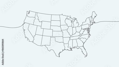 United States of America map outline with state borders on a light blue studio background with horizontal line