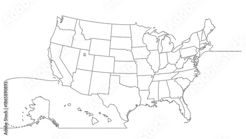 United States of America map outline with state borders, detailed vector illustration on isolated white background