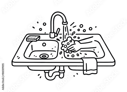 Doodle Double Basin Sink. Sink. Hand-drawn doodle illustration Sink double basin, faucet arc, running water, soap bubbles, hand washing, countertop edge,