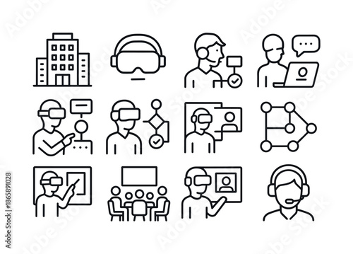 Enterprise VR Icon Set. Enterprise VR Solutions. Line icon set of Enterprise VR Solutions: corporate building, VR headset, onboarding module,