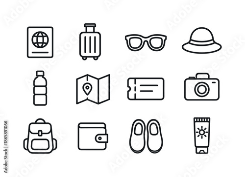 Travel Icon Set. Travel essentials. Line icon set of Travel essentials: passport, luggage, sunglasses, hat, water bottle, map icon, travel ticket, phone